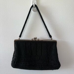 VINTAGE 1950s 🖤 Black Beaded Fringe purse handbag fancy kiss 💋 lock